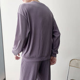 Black/Gray/Purple Pleated Sets Men Fashion Stretch Loose Long-sleeved T-shirt Trousers Two-piece Korean Loose Mens Ice Silk Sets voguable