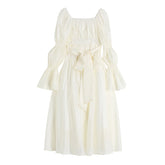 Voguable 2022 Autumn New Women's Dress French Vintage Sweet Style Hollow-Out Bow Lace-Up Square Collar Puff Sleeve Ladies Long Dresses voguable