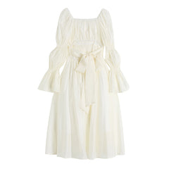 Voguable 2022 Autumn New Women's Dress French Vintage Sweet Style Hollow-Out Bow Lace-Up Square Collar Puff Sleeve Ladies Long Dresses voguable