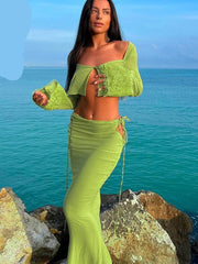 Elegant Fashion Long Sleeve See Through Cutout Cropped Cardigan Maxi Skirt 2 Pieces Sets Outfits Women Dress Sets voguable