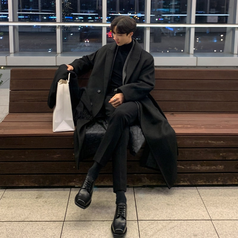 Korean Trend Men's Loose Casual Single-breasted Overcoat Autumn Winter Fashion New Long Sleeve Woolen Long Coat voguable