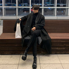 Korean Trend Men's Loose Casual Single-breasted Overcoat Autumn Winter Fashion New Long Sleeve Woolen Long Coat voguable