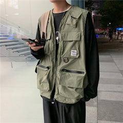 Vests Men Multi-pockets Chic Plus Size 3XL Tactic Teens Japanese Style Plus Velvet Chic Fashion Streetwear Jackets Hip-hop Coat voguable