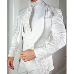 Voguable White Floral Wedding Tuxedo for Groom 3 Pieces Slim Fit Men Suits with Satin Shawl Lapel Custom Male Fashion Costume Jacket Vest voguable