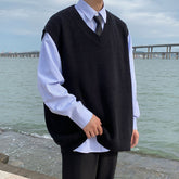 Voguable Korean Style Knitted Vest Men's Fashion Solid Color Casual V-neck Sweater Vest Men Streetwear Loose Vest Knitting Sweaters Mens voguable