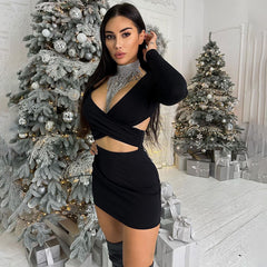 Voguable Long Sleeves V Neck Hollow Out Solid Mini Dress Summer Autumn Women Fashion Sexy Outfit Y2K Streetwear voguable