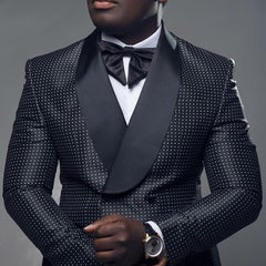 Voguable Black Checkered Dots Men Suits with Double Breasted for Wedding Slim Fit Groom Tuxedo Two Piece Set Jacket Pants Fashion Costume voguable