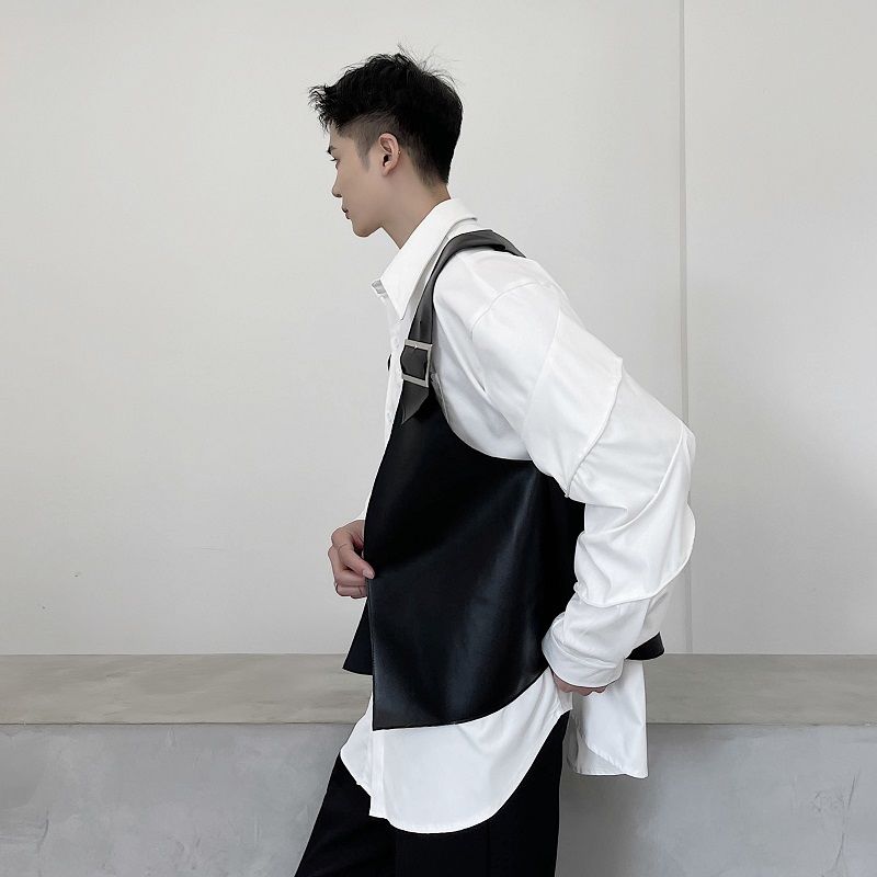 Men's Wear Autumn Niche Design PU Leather Black Vest Japan Korean Tide Causal Sleeveless Cool Waistcoat Male voguable