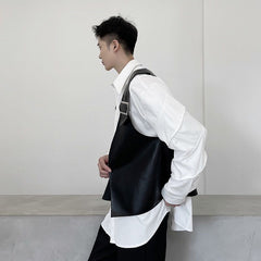 Men's Wear Autumn Niche Design PU Leather Black Vest Japan Korean Tide Causal Sleeveless Cool Waistcoat Male voguable