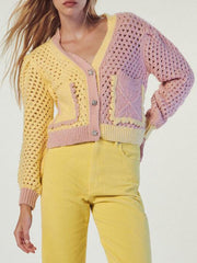 Voguable autumn new women's fashion artificial rhinestone jewelry hit color hollow design single-breasted retro sweet knitted jacket voguable