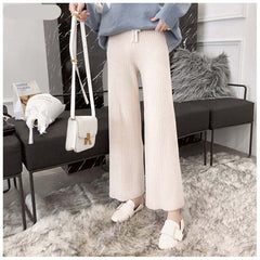 2022 new casual straight pants women female drawstring loose high waist knitted wide leg pants casual Trousers voguable