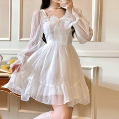 French Sweet Fairy Lolita Dress Women Long Sleeve Lace Y2k Mini Dress Vintage Kawaii Clothes One Piece Dress Korean 2022 Autumn spring voguable