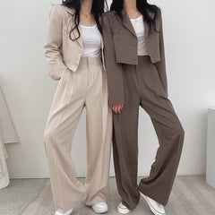 Korean Style Office Lady Blazer Sets Autumn Loose 2 Two Piece Set Women Long Sleeve Short Suit Coat + Straight Suit Pants Suits voguable