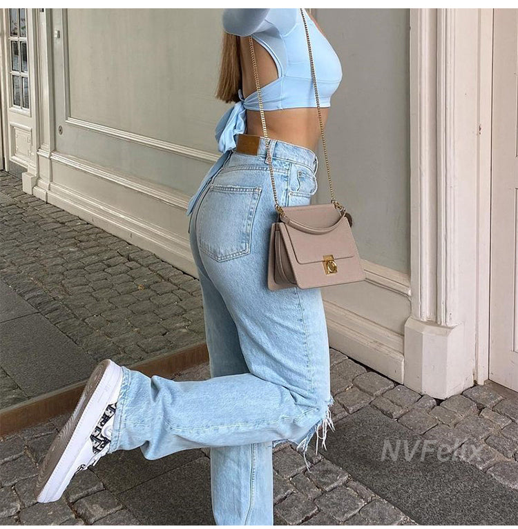 Voguable  Womens Loose Fit Jeans 2022 Ripped Wide Leg For Women High Waist Blue Wash Casual Cotton Denim Trousers Summer Baggy Jean Pants voguable