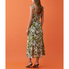 Dresses For Women Party Elegant Ruffle Hem Beach Summer Dress Sweetheart Neck Tie Strap Tropical Print Chiffon Midi Dress voguable