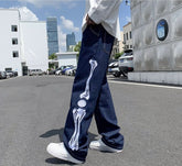 Voguable Men Skeleton Baggy Casual Pants 2021 Mens Japanese Streetwear Wide Leg Denim Trousers Male Y2k Blue Vintage Denim Pants voguable