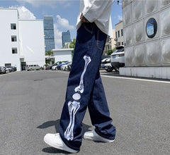 Voguable Men Skeleton Baggy Casual Pants 2021 Mens Japanese Streetwear Wide Leg Denim Trousers Male Y2k Blue Vintage Denim Pants voguable