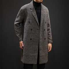 Voguable Casual Double Breasted Mens Wool Overcoat Winter 2019 Houndstooth Jacket Men Turn-down Collar Long Woollen Wind Coat voguable