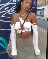 Voguable Women Pure Halter Single Shoulder Long Sleeve Bandage Drawstring Crop Top 2022 Fall Streetwear Outfit Fashion Y2K Party voguable