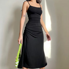 Darlingaga Fashion Strappy Ruched Sexy Black Dress Irregular Elegant Backless Long Dress Party Summer Dresses Women 2021 Clothes voguable