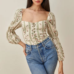 Floral Print Top Women Square Neck Front Buttons Fitted Vintage Elegant Blouse Double Puff Long Sleeve Ladies Chiffon Blouses voguable