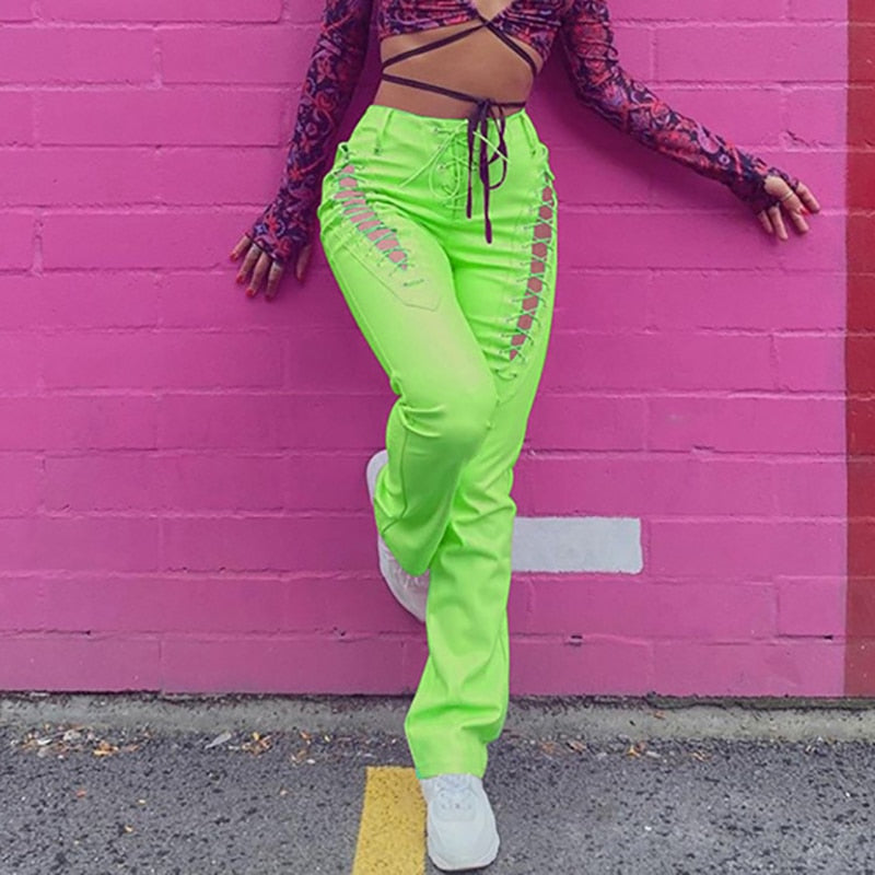 Women PU Leather Pants Vintage Punk 90s Lace Up Hollow Out High Waist Drawstring Bandage Trousers Cut Out Club Streetwear Autumn voguable