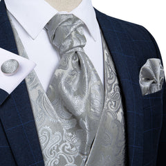 Voguable Men Suit Vest silver Paisley Floral Silk Wedding Waistcoat Men Ascot Tie Pocket Square Necktie Ring Sleeveless Jacket DiBanGu voguable