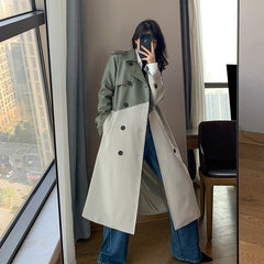 Women's Coat Spring Autumn Windbreaker Jacket Female Green Trench Quality Clothing Leather Stitching Windproof Long Ladies Cloak voguable