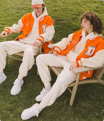 Voguable Unisex Varsity Jacket Urban Streetwear Vintage Fleece Bomber Jacket with Embroidery Couple Orange Baseball Coat voguable