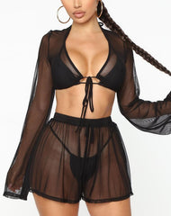 Voguable 2pcs Women Long Sleeve Cover-ups Sets Bikini Cover Up Summer Ladies Sexy Top + Swim Shorts Beach Ladies Swimsuits Bathing Suit voguable