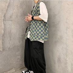 Vests Men Designed High Street Plaid Printed Chic Ins Japan Style Male Cargo Waistcoats Loose Multi Pockets Fashion All-match voguable