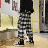 Voguable Korean Men Plaid Pants Vintage Drawstring Joggers Wide Straight Trousers Man Streetwear Fashion Black White Checkered Pants voguable