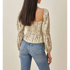 Floral Print Top Women Square Neck Front Buttons Fitted Vintage Elegant Blouse Double Puff Long Sleeve Ladies Chiffon Blouses voguable