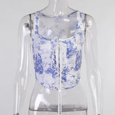 New Style Female Corset Crop Top Vintage Women Floral Print U-Neck Sleeveless Short Vest with Strap for Summer voguable