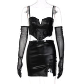 Hugcitar Pu Leather Slip With Detachable Sleeve Backless Sexy Crop Top Mini Dress 2 Pieces Set 2022 Fall Winter Women Party Y2K voguable