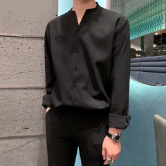 Voguable Fashion Men Brand Shirt Solid Long Sleeve V Neck Chic Button Casual Blouse 2021 Streetwear Korean Style Shirts Camisas voguable