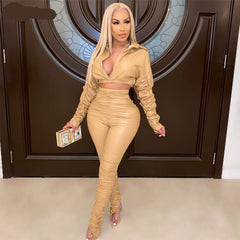 Voguable Long Sleeve Solid Ruched Tshirt Bodycon Stacked Leggings 2 Pieces Set Autumn Winter Women Sexy Streetwear Tracksui voguable