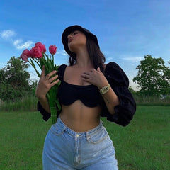 Voguable Square Collar Fashion Wave Lantern Sleeve Blouse Shirts Sexy Backless Summer Cropped Top Blouse Women Blusas Chic voguable