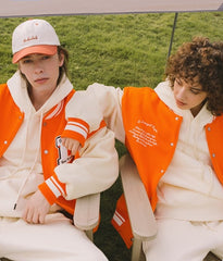 Voguable Unisex Varsity Jacket Urban Streetwear Vintage Fleece Bomber Jacket with Embroidery Couple Orange Baseball Coat voguable