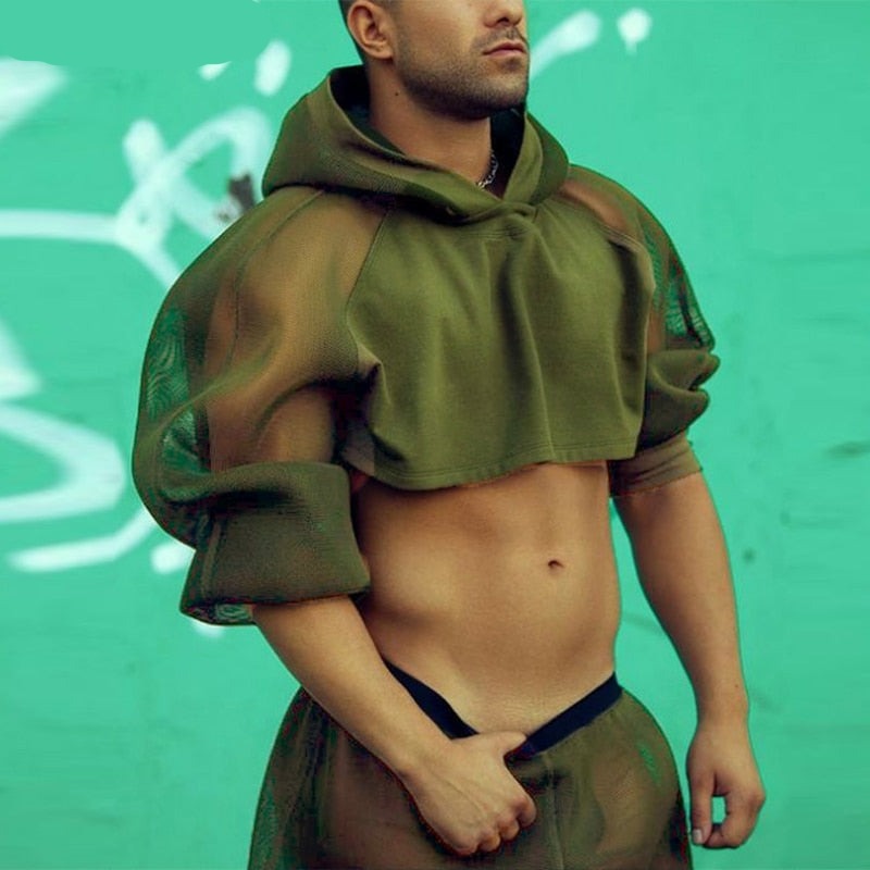 Voguable Stylish American Style Casual New Men Sets Hooded Breathable Mesh Stitching Cropped Tops 2022 Perspective Shorts Suits INCERUN 7 voguable