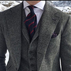 Voguable Gray Wool Tweed Men Suits For Winter Wedding Formal Groom Tuxedo 3 Piece Herringbone Male Fashion Set Jacket Vest with Pants voguable