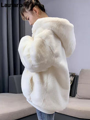 Voguable  Winter Fluffy Warm Soft White Oversized Faux Fur Jacket Women Long Sleeve Black Zip Up Faux Fur Sweatshirt Korean Hoodie voguable