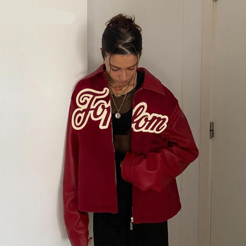 Voguable Pu Leather Letter Print Zipper Long Sleeve Loose Patchwork Jacket Autumn Winter Women Streetwear Outfits Y2K voguable