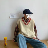 Voguable Men Sweater Vests Striped Sleeveless V-neck Knitted Shrug Ins Preppy Style Ulzzang Chic Leisure Loose Male Clothing Harajuku New voguable