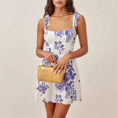 Dresses For Women Elegant Party Floral Print Vacation Beach Dress Summer Sleeveless Tie Strap Chiffon Mini Dress Sundress voguable