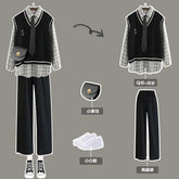 Voguable Preppy Women's Three-piece Suit Spring 2022 Autumn New Long-sleeved Plaid Shirt Knitted Sweater Vest Casual Wide-leg Pants voguable