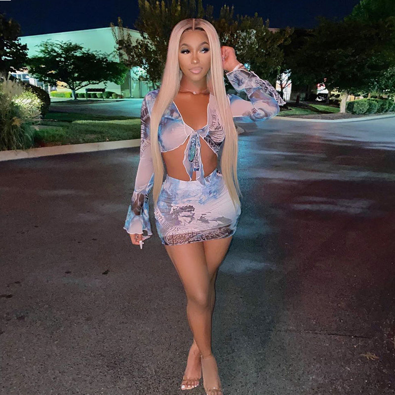 Voguable 2022 Flare Sleeve Wrapped Bandage Sexy Crop Top Skirt 2 Piece Set Autumn Winter Women Streetwear Y2K Print Tracksuit voguable