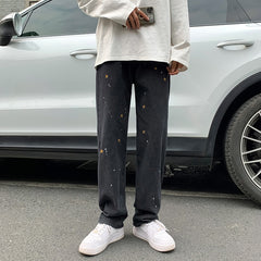 Star embroidery black jeans men's fashion brand straight tube loose hiphop fried Street pants over size wide leg pants 2021 New voguable