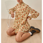 Spring Autumn Dresses For Women Elegant Floral Print Vintage Dress Half High Neck Long Sleeve Frill Trim Chiffon Mini Dress voguable