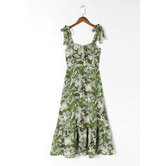 Dresses For Women Party Elegant Ruffle Hem Beach Summer Dress Sweetheart Neck Tie Strap Tropical Print Chiffon Midi Dress voguable